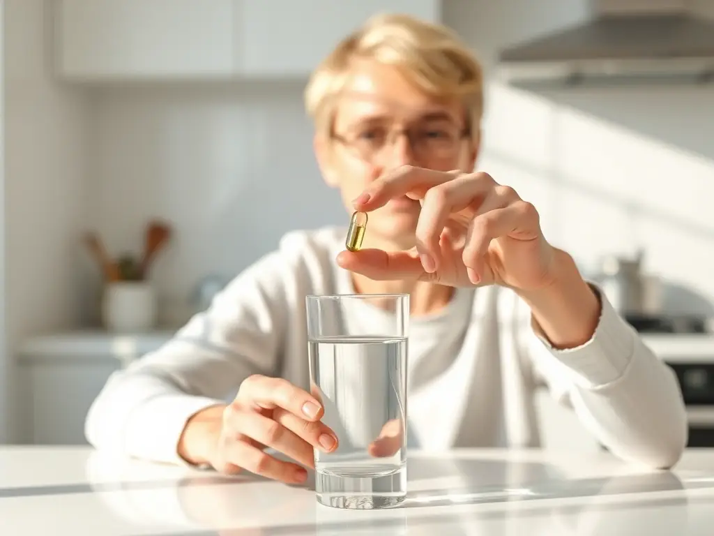 A person taking a ShroomMagic microdosing capsule with a glass of water, highlighting the ease and convenience of microdosing for focus and clarity.