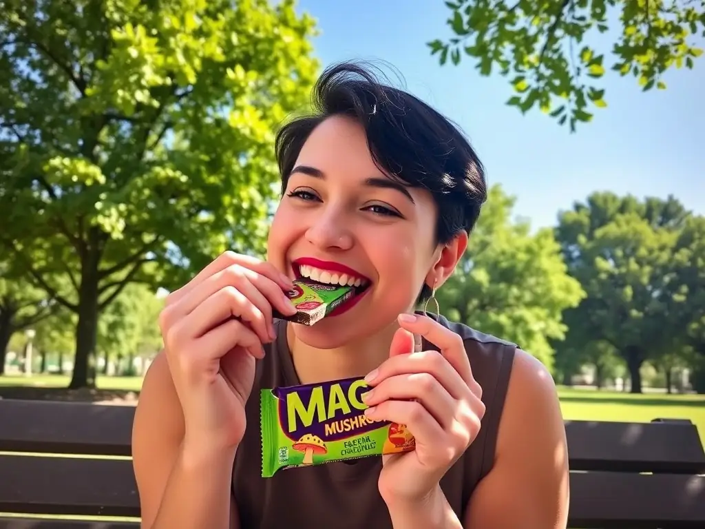 A person enjoying a ShroomMagic dark chocolate mushroom bar in a serene, natural setting, emphasizing relaxation and mental wellness.