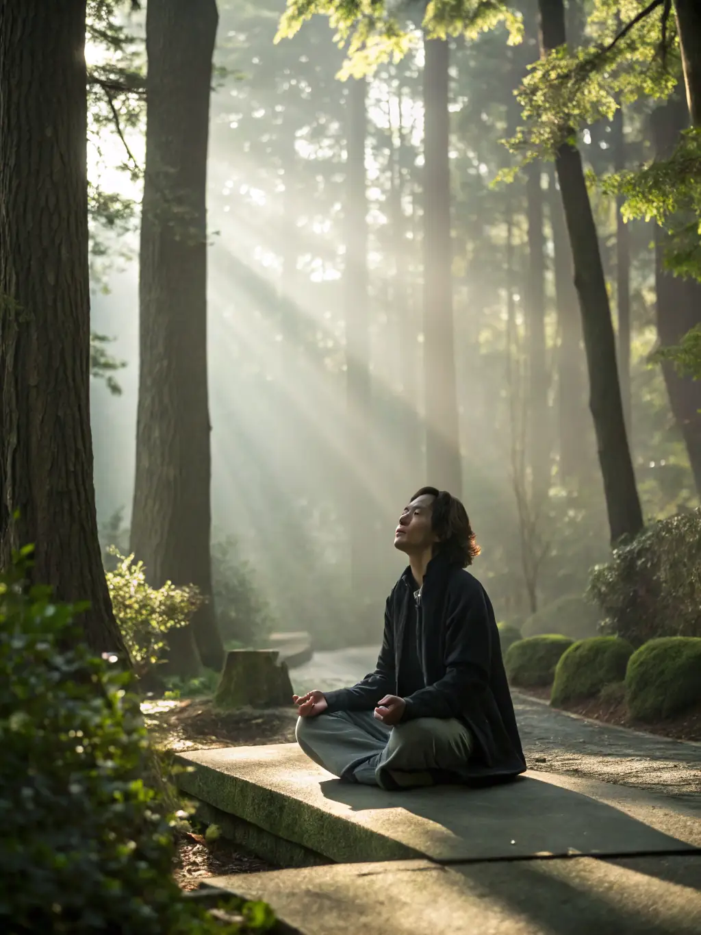 A person meditating peacefully in a serene natural setting, sunlight filtering through the trees, representing mental clarity and inner peace achieved through psilocybin use.