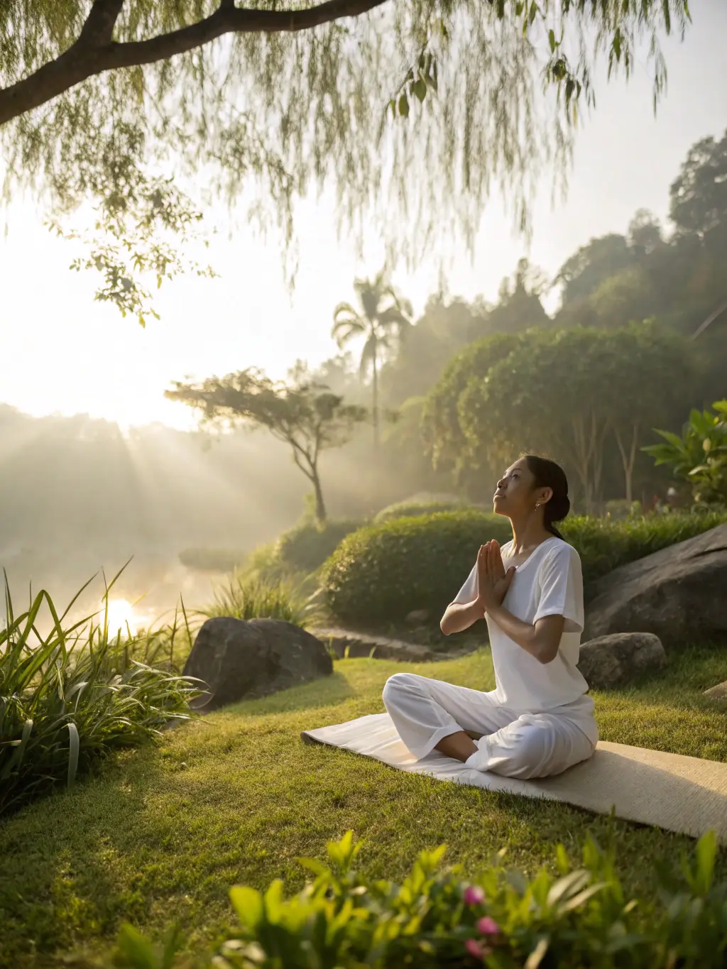A person practicing yoga outdoors, surrounded by lush greenery, symbolizing stress reduction and emotional balance facilitated by psilocybin.